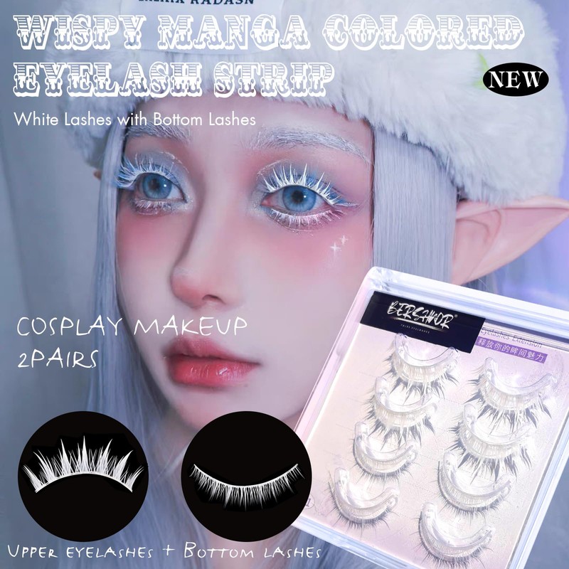 White Lashes with Bottom Lashes, Wispy Manga Colored Eyelash Strip