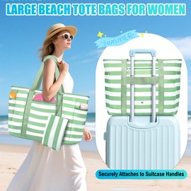 TEUEN Large Beach Bag with Zip, 50 L Waterproof & Foldable Swimming Bag, Women's XXL Family Travel Bag, Beach Tote Bag, Shopper for Beach, Pool, Travel, Gym and Shopping, light green