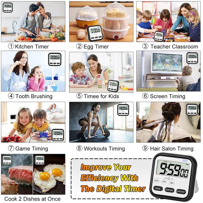 Kitchen Timer, Digital Visual Timer 24-Hours Magnetic Clock Stopwatch Count-Up