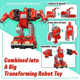 Funny Boo Fire Truck Toys Set 5 in 1 DIY Action Figure Transforming Robots Set Toddler Metal Pull Back Cars Toys, Christmas/Birthday Gift for Boys