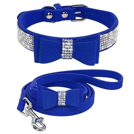 Dog Collar with Leash Set Pet Collars and leashes Adjustable Dog Cat Rhinestone Bowknot Crystal Bling Dog Collar for Small Dogs Medium Dogs Blue M