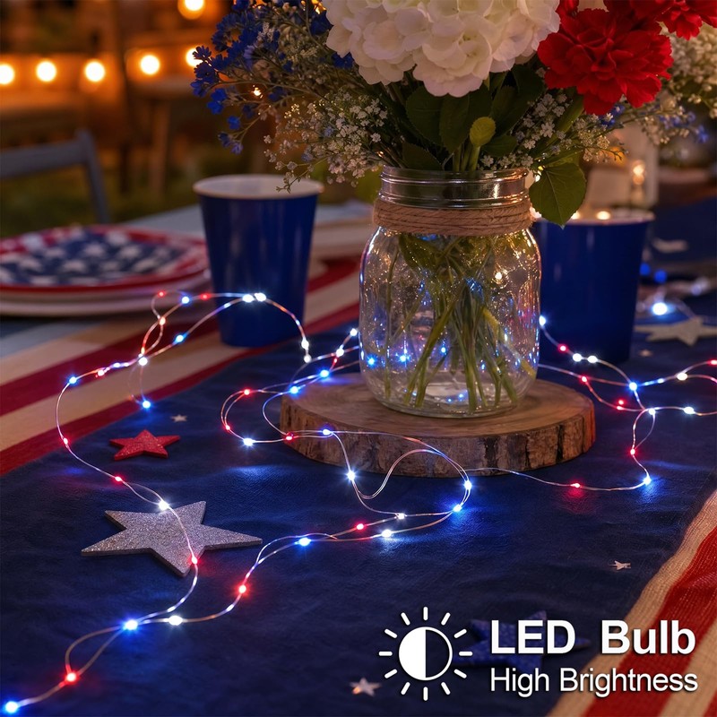 YAOZHOU Patriotic Red White and Blue Fairy String Lights Battery