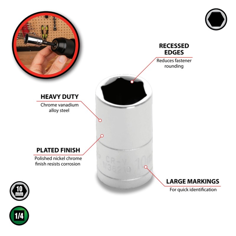 Performance Tool W36210 Chrome 1/4 Drive 6-Point Socket, 10mm