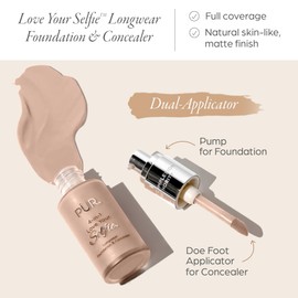 PÜR MINERALS 4-in-1 Love Your Selfie Longwear Foundation & Concealer, Full Coverage Liquid Foundation, Hydrating Formula, Cruelty Free