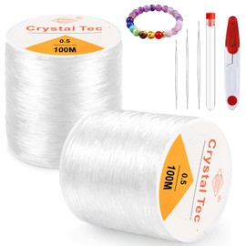 2 Pcs Cordón de Hilo Elástico de Cristal de 0.5 mm x 100 m, Hilo Elastico para Pulseras, Hilo de Cristal Transparente y Resistente, con 3 Agujas de Cuentas, para Abalorios, Pulseras y Manualidades