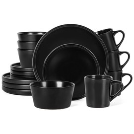 Plates and Bowls Sets for 4 - CJDC-QUELO 16 Piece Stoneware Dinnerware Sets with Mugs, Ceramic Dishware Sets for Kitchen Dining Use, Chip and Scratch Resistant Microwave Dishwasher Safe, Black