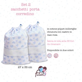 FILET - Set 2 Sacchetti Porta Corredino da Ricamare, Chiusura a Coulisse, in Piquet di Cotone Bianco Stampa Cuori, Dim. 27 x 35 cm, Made in Italy, Cielo