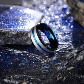 King Will 8mm Silver Mens Tungsten Wedding Rings Blue Groove Matte Brushed Finish Surface Black Beveled Edge Blue Inner Face Wedding Band for Men Women 8