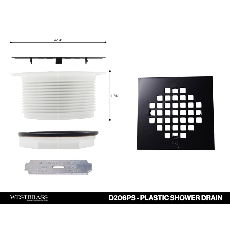 Westbrass 2" Sch 40 PVC Shower Drains with 4-1/4" Square