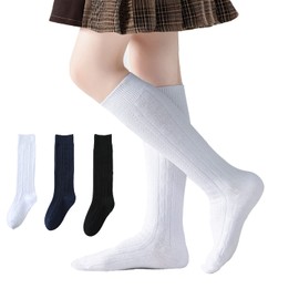 Marchare Girls Knee High Socks Kids School Uniform Seamless Cable Knit Cotton Stockings White/Black/Navy 3 Pack 7-10Years