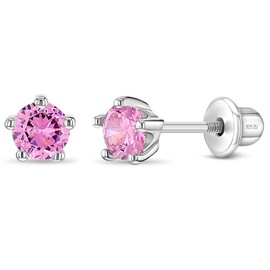 In Season Jewelry Sterling Silver 4mm Simulated Pink Tourmaline Birthstone Stud Earrings for Girls