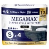 NorthShore MegaMax Adult Overnight Diapers, 12-Hour Tab-Style, Small, 4 Count