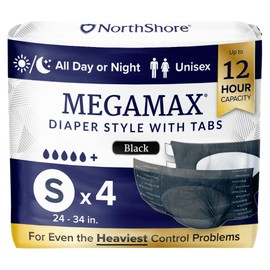 NorthShore MegaMax Adult Overnight Diapers, 12-Hour Tab-Style, Small, 4 Count Starter Pack, Black, 24-34 inches, Unisex Incontinence Underwear