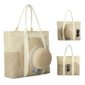 Large Beach Tote Bag with Zipper - Compact Travel Tote for Women with Sun Hat Holder Strap - Vacation Beach Bag, Boho Summer Sand Tote with Secure Hat Carrier