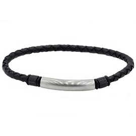 Blackjack Jewelry Men's Genuine Black Leather Stainless Steel Engravable ID Slim Bracelet