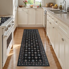 LEEVAN 2x6 Washable Runner Rug,Boho Soft Non Slip Black Runners for Hallways,Floral Vintage Farmhouse Low Pile Indoor Ultra-Thin Checkered Kitchen Runner for Entryway,Laundry,Bathroom,Office