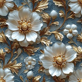 Livelynine Blue White Gold Wallpaper Peel and Stick Faux 3D Wallpaper Panels Luxury Floral Contact Paper Self Adhesive Accent Wall Panels 3D Embossed Flower Wall Paper for Bathroom Ceiling 17.5x78.8"