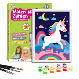 Zimrobin Paint by Numbers for Children - 13 x 18 cm Paint by Numbers Children from 5 6 7 Years Girls and Boys, Creative Gift with Frame, 3 Brushes and Acrylic Paints (Colourful Unicorn)