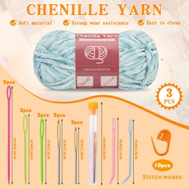 LUNARM Chenille Yarn for Crocheting Knitting, 3 Skein 263 Yard Thick Soft Chunky Fluffy Weaving Plush Yarn for Blankets Clothes Pattern Creations with Big Eye Needles (Light Green)