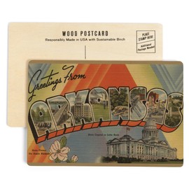 Greetings from Arkansas (State Capital Scene) (4x6 Birch Wood Postcards, 2-Pack Stationary, Rustic Home Wall Decor)