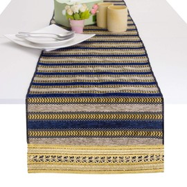 Nupuyai Vintage Stripe Table Runner for Home Coffee Table,European Knitted Wedding Party Decoration 34x135cm Khaki/Dark Blue