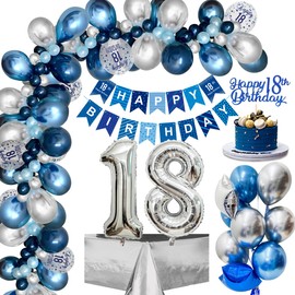 18th Birthday Decorations for Boys, Navy Blue Silver 18th Birthday Balloons Party Decorations with 18th Happy Birthday Banner, Confetti Number 18 Foil Balloons ​for 18th Birthday Party Decorations