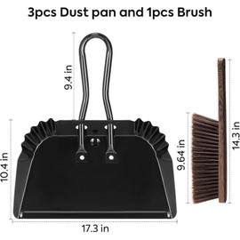 17In Extra Large Dust pan and Brush Set,Commercial Heavy-Duty Dust Pans and Wood Broom,Clip on Dust Pan Metal Edge Flat Against Floor for Patio/Pet/Car/Outdoor-Rubber Coated Easy to Grasp Handle