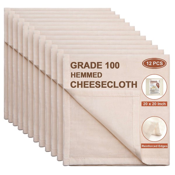 eFond Cheese Cloths, Precut 20x20Inch with Hemmed Edges, Grade 100 Cheesecloth for Straining Washable and Reusable, 100% Unbleached Pure Cotton Muslin Cloths for Filtering Cheese (12 Pieces)