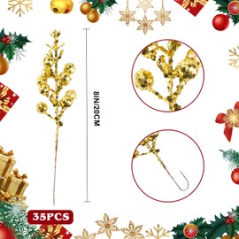 32 Pack Christmas Glitter Berries Stems 8 Inch Artificial Gold Berry Stems Christmas Tree Berry Picks Holly Berries for Christmas Tree Decorations DIY Crafts Wedding Winter Holiday Home Decor