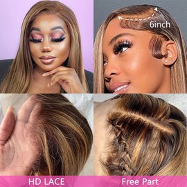 LZGYE 13x6 Ombre Highlight Lace Front Wig Human Hair 28 inch 4/27 Colored Straight Human Hair Wigs HD Transparent Lace Frontal Wigs Pre Plucked with Baby Hair 180% Density Glueless Wigs