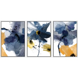 SIGNWIN Framed Canvas Wall Art Blue and Orange Blossoms Botanical Flower Watercolor Modern Art Tropical Relax/Calm for Living Room, Bedroom, Office - 24"x36"x3 White