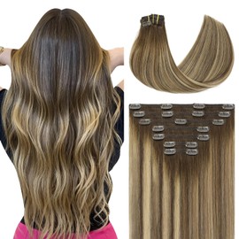 Youngsmile Clip in Hair Extensions Real Natural Human Hair 18inch 160g 7Pcs Balayage Brown Fading to Ash Brown Highlight with Medium Blonde Invisible Straight Remy Hair Extensions(7PC#4274-18)