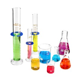 QWORK Lab Glassware Set, Beaker Flask Cylinder Set, 9 Pieces - Includes 3 Erlenmeyer Flasks, 3 Beakers, & 3 Grade A Graduated Cylinders - Borosilicate 3.3 Glass