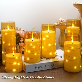 Lezonic Gold Flameless Candles Battery Operated with Remote, Set of 6 LED Battery Operated Candles Flickering Embedded Fairy String Lights, 3 x 456688 inches