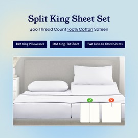 California Design Den Split King Sheets Sets for Adjustable Bed - Soft 400 Thread Count Sateen, Natural 100% Cotton Sheets, Deep Pockets for a Snug Fit, Durable Bedding Set - White