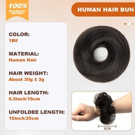 PORSMEER 30g Human Hair Messy Bun Hair Piece 100% Real Hair Chignons Scrunchies Natural Wavy Fluffy Buns for Women Donut Updo Hair Pieces Bun Extension Natural Black-1B#