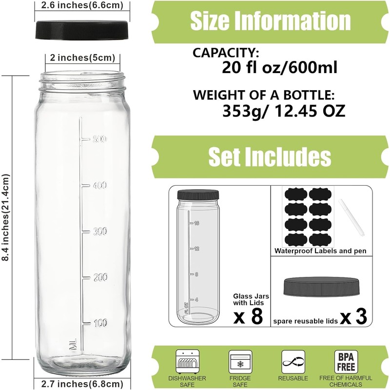 [8 Pack] 20 Oz Glass Juicing Bottles w Airtight Lids