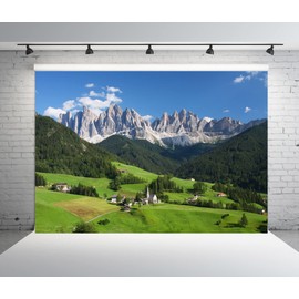 BELECO 7x5ft Fabric Outdoor Nature Mountain Photography Background European Alps Backdrop Dolomites Swiss Mountains Forest Scenic Green Hills Village Photo Backdrop Video Studio Photo Booth Props