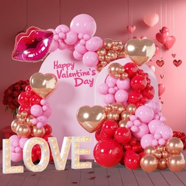 BlissBash 134Pcs Valentines Arch Garland Kit - Red Pink Metallic Rose Gold Balloons with Heart Shaped Red Lip Balloons for Valentine's Day Decorations Party