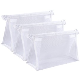CRASPIRE 3Pcs Mesh Cosmetic Bags White Mesh Makeup Bag Purse Pouch Zipper Mesh Travel Bag Travel Purse Organizer Portable Pouch Bag Mesh Toiletry Bag for Home Office Travel Accessories