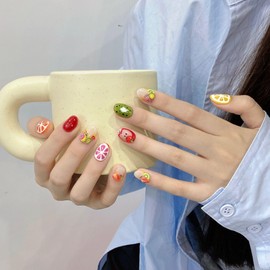 Wsliana Handmade Press On Nails Short- Cute Square Shape with 3D Charm Design, 10pcs Glue On Acrylic Fake Manicure with Storage Box (050, L)