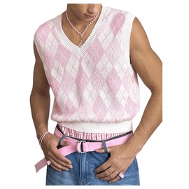 BEAUDRM Men's Plaid Geometric Sleeveless Knitted Sweater V Neck Crochet Pullover Sweater Vest Pink Medium