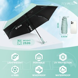 ZOMAKE Folding Umbrella, Parasol, Ultra Lightweight, Compact, Elastic Handle Design, UPF50+ UV Protection, Light Blocking, Heat Blocking, UV Protection, Rain and Sun, Storage Case Included, green