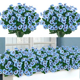 Ouddy Decor 15 Bundles Fake Flowers, 15" Artificial Pansies for Outdoors Silk Wild Flowers UV Resistant Faux Plants for Front Door Garden Porch Yard Spring Summer Indoor Outdoor Home Decor, Blue