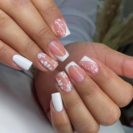 Short Square Press on Nails Flower Fake Nails Nude White Stick on Nails with Stripe designs Rhinestones French Tip Press ones Full Cover Reusable Acrylic Nails Glitter Glue on Nails for Women 24pcs