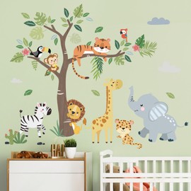 decalmile Wall Sticker Jungle Forest Animals Tree Wall Sticker Safari Elephant Giraffe Lion Wall Sticker Baby Room Nursery Bedroom Wall Decoration
