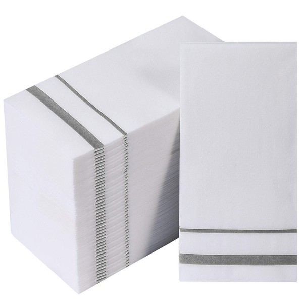 [200 Pack] Disposable Guest Towels Linen-Feel Paper Hand Towels, Decorative Bathroom Hand Napkins for Kitchen, Parties, Weddings, Dinners or Events, White and Silver