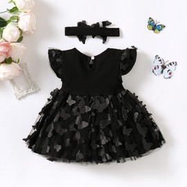 Baby Girl Butterfly Dress Baby Princess Short Sleeve Party Dress(Black,3-6Months)
