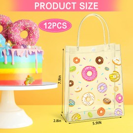 Saypacck 12 Pcs Donut Party Favor Gift Bags Plastic Clear Gift Bags with Handles Sweet One Two Birthday Party Decorations Donut PVC Candy Handbags for Party Supplies Treat (5.9 x 7.9 x 2.8 Inches)