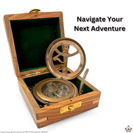 VARTH Push Button Sundial Compass with Wooden Box, Customizable, Gift for Travel, Hiking, Camping, Wedding, Antique